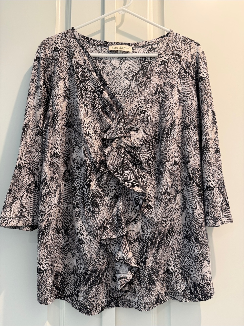Jones NY Collection Snakeskin Print Ruffle V-Neck Blouse